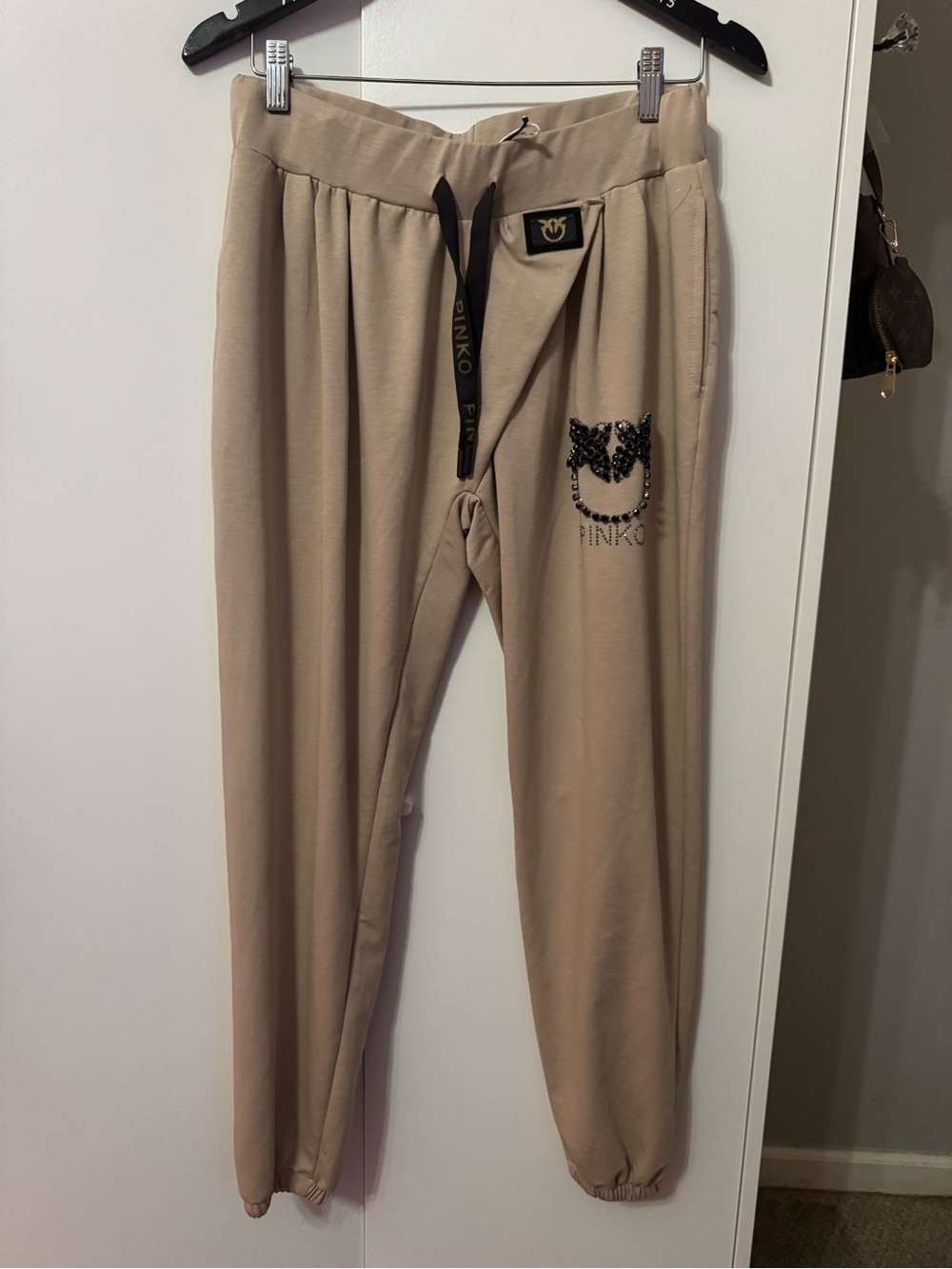 Pinko Beige Sweatpants with Embellished Logo & Black Drawstring